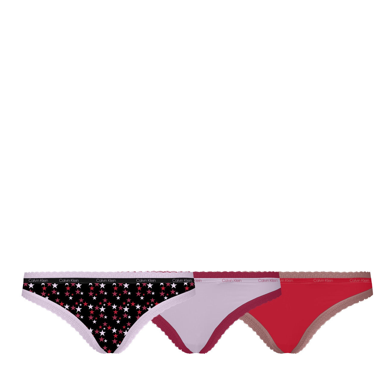 Calvin Klein 3-pak stringów ultra cienkich Thong w kolorach Twinkle Mauve Berry Rustic Red